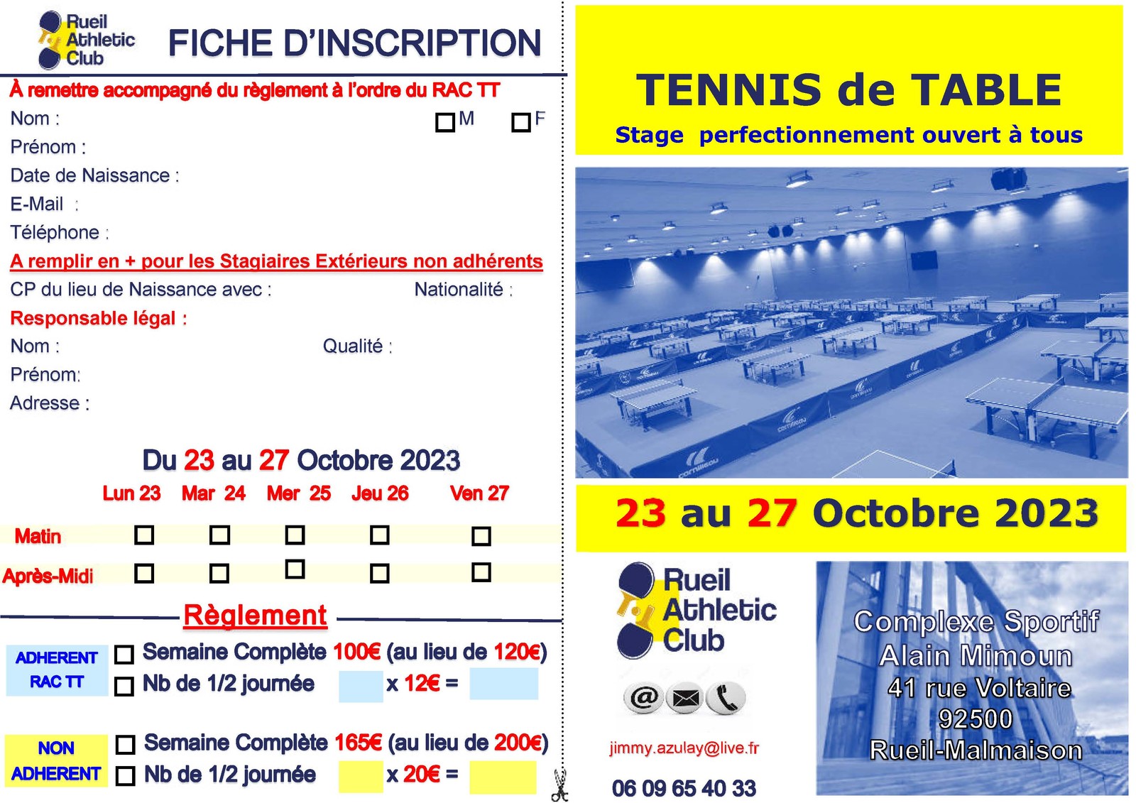 Stage de ping du 23 au 27 octobre 2023